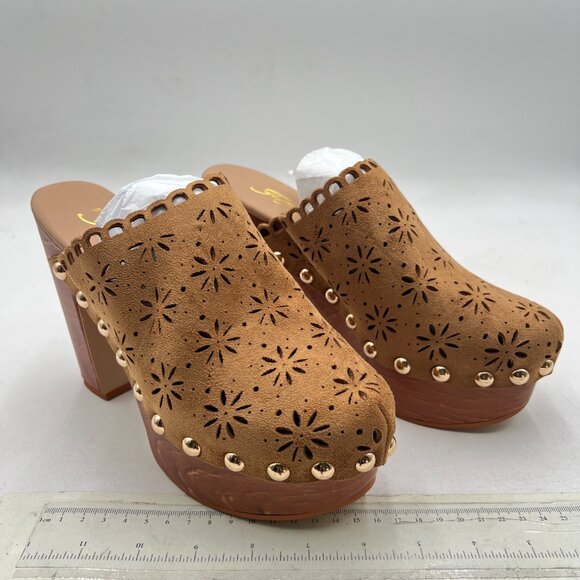 FOWT Tan Studded Round Toe Floral Cut Out Platform Mules Chunky High Heel Sandal - Picture 4 of 8